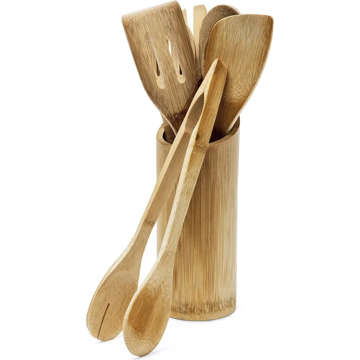 Relaxdays Küchenhelfer Set Bambus 7-teilig 30 cm lang als Kochlöffel Set aus Holzlöffel Pfannenwender (je 2) und Salatzange Gabel mit Halter bzw. Ständer für Kochbesteck als Küchenutensilien, natur