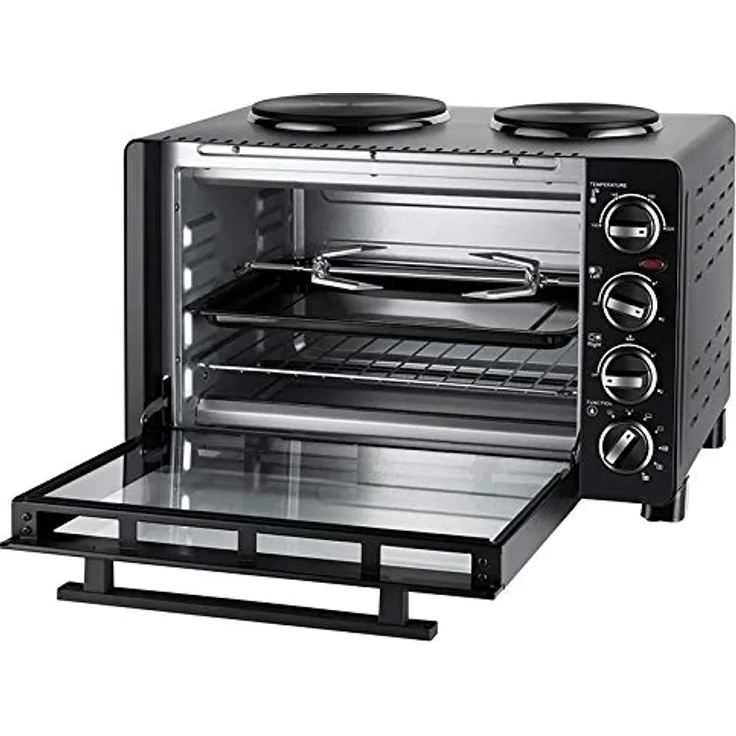 UNOLD 68885 KLEINKÜCHE All in One, 600-1.500 W, 30 L Volumen, Back-Grill-und Drehspießofen mit 2 Kochplatten, Metall, Schwarz