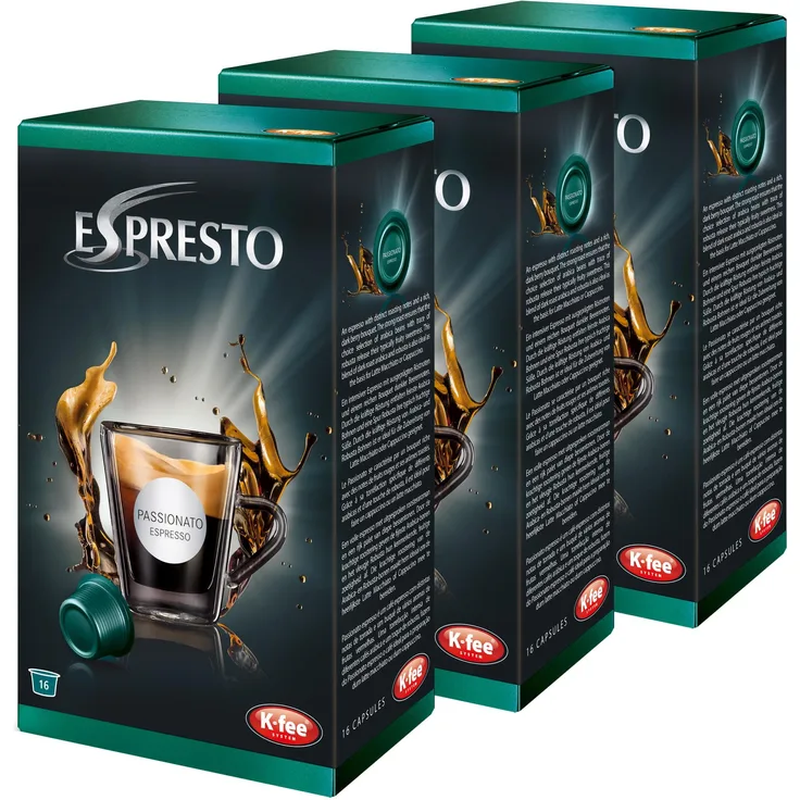 K-Fee Espresto Espresso Passionato, Kaffee, Arabica, Intensität 7, 3er Pack, 3 x 16 Kapseln