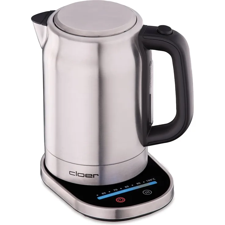 Cloer 4459 Touch-Wasserkocher, Basisstation mit Glasoberfläche - LED-Anzeige, 1,7 L, Edelstahl