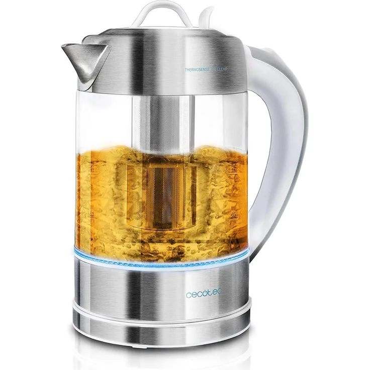 Cecotec Elektrischer Wasserkocher ThermoSense. 1,7 Liter, Borosilikatglas, Frei von BPA, Basis 360 ª, Antikalkfilter, Dppeltes Sicherheitssystem,2200 W Leistung.