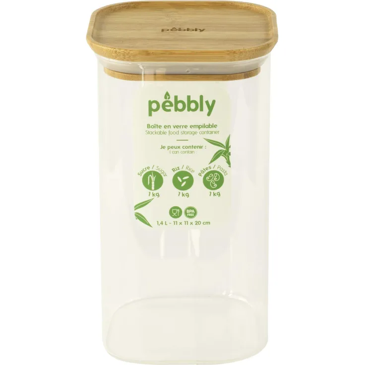 Pebbly PKV-006 Glasdose quadratisch mit Bambusdeckel, Natur, 1, 4 l, 11 x 11 x 20 cm