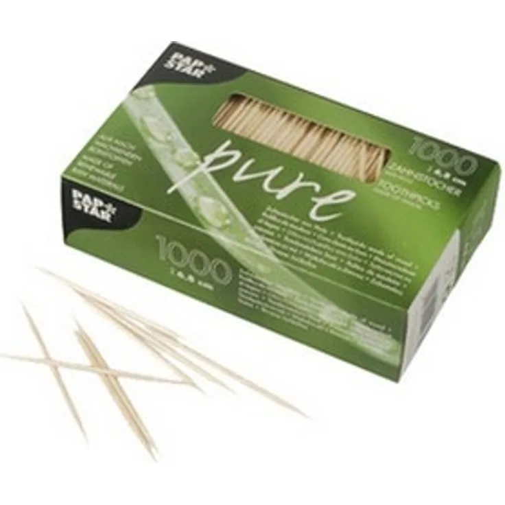 PAPSTAR Zahnstocher, aus Holz, rund, Länge: 65 mm mit 2 spitzen Enden beinhaltet: 300 Stück (12739)