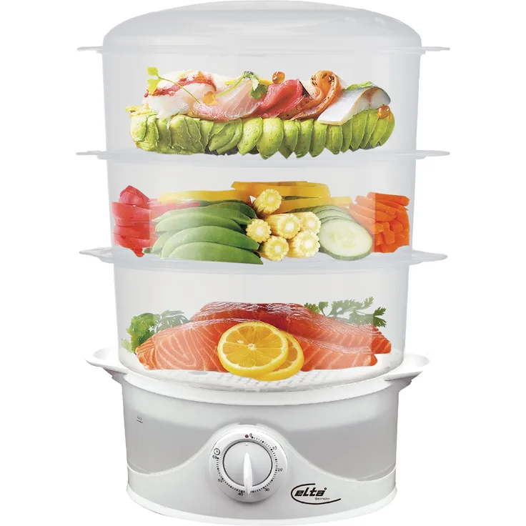 elta 3-fach Dampfgarer, 9 Liter, 800 Watt, 3 Garbehälter, Gemüsegarer, Reiskocher, Küchenmaschine, Dampfkocher, weiß, H1 C15 Mi