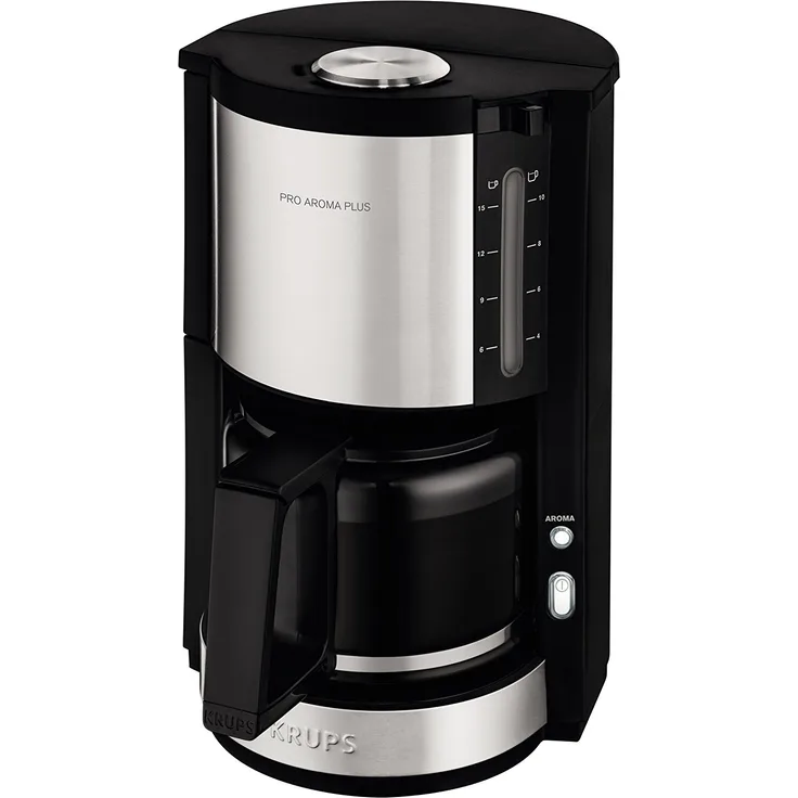 Krups KM321 Proaroma Plus Glas-Kaffeemaschine, 10 Tassen, 1100 W, modernes Design, schwarz mit Edelstahlapplikationen