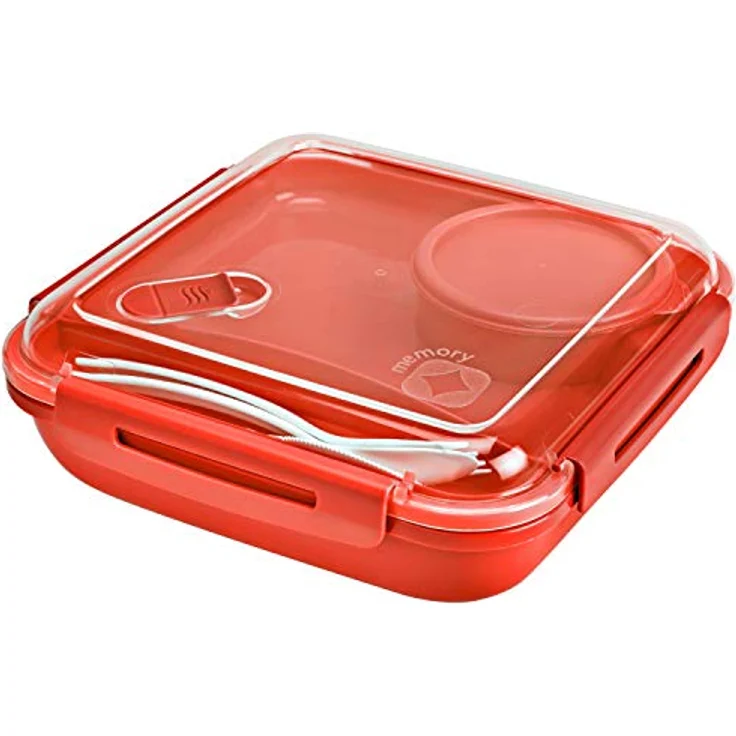 Rotho Memory B3 Lunchbox 1,1l mit Besteck und separatem Behälter, Kunststoff (PP) BPA-frei, rot, 1,1l (19,5 x 19,5 x 6,5 cm)