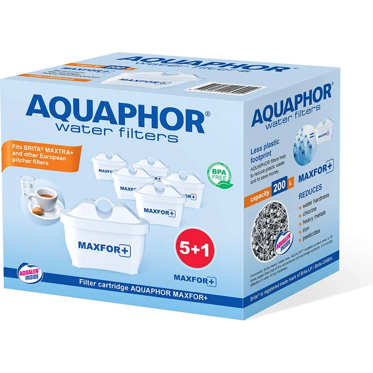 AQUAPHOR MAXFOR+ Pack 5+1 Wasserfilterkartusche-gegen Kalk, Chlor & weitere unerwünschte Stoffe, Mit patentiertem AQUALEN, Weiß, 200 l