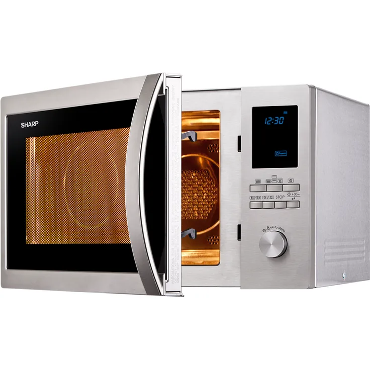 Sharp R982STWE 3-in-1 Mikrowelle mit Grill und Heißluft, Standgerät, 42 Liter Garraum, 1000 Watt, 10 Automatikprogramme, LED-Display mit Uhr, Glasdrehteller 34,5 cm, Edelstahl 