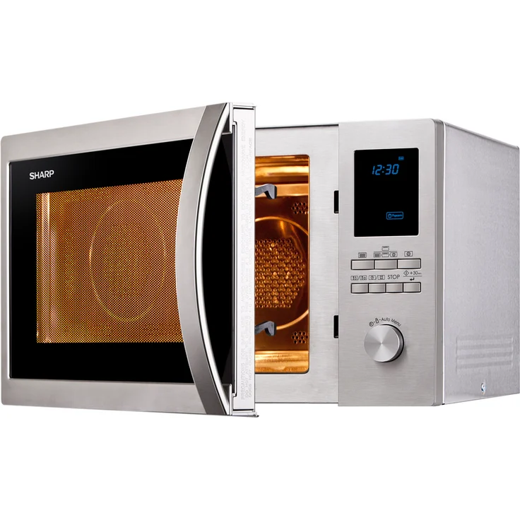 Sharp R982STWE 3-in-1 Mikrowelle mit Grill und Heißluft, Standgerät, 42 Liter Garraum, 1000 Watt, 10 Automatikprogramme, LED-Display mit Uhr, Glasdrehteller 34,5 cm, Edelstahl  – Bild 1