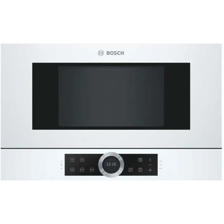 Bosch BFL634GW1 Serie 8 Mikrowelle, Einbaugerät, 900 Watt, 21 Liter Garraum, Türanschlag Links, 7 voreingestellte Automatikprogramme, automatische Leistungsstufe nach Gewicht, weiß – Bild 1