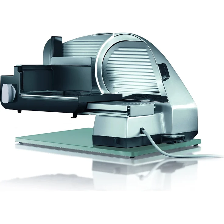 Graef Master M 80 Allesschneider, Metall, 170W, glattes Vollstahlmesser, inkl. MiniSlice-Aufsatz, Edelstahltablett, Kippschneider 30°, Aluminiumschlitten, 170 mm, glattes, durchgehärtetes Vollstahlmesser mit Hohlschliff, silber – Bild 2