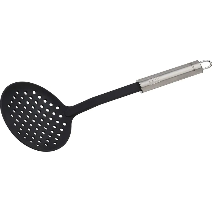 FACKELMANN Abseihlöffel 33 cm OVALGRIFF, Abtropflöffel für beschichtete Pfannen und Töpfe, Küchenhelfer aus hochwertigem Edelstahl und Kunststoff (Farbe: Silber-Schwarz), Menge: 1 Stück
