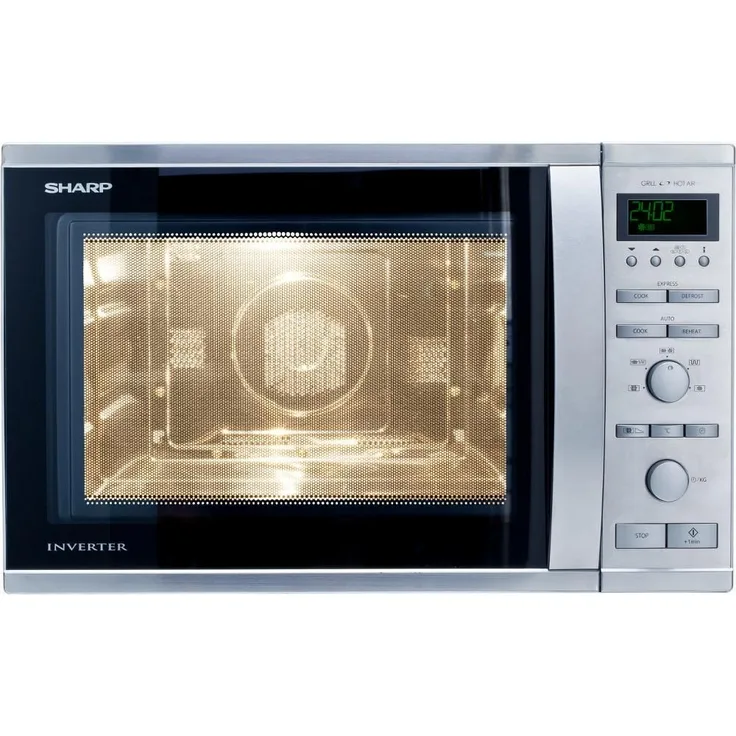 Sharp R-941STW 3-in-1 Mikrowelle mit Grill und Heißluft, Standgerät, 40 Liter Garraum, 1050 Watt, Inverter Technologie, digitale Steuerung, 18 Automatikprogramme, Timer, edelstahl