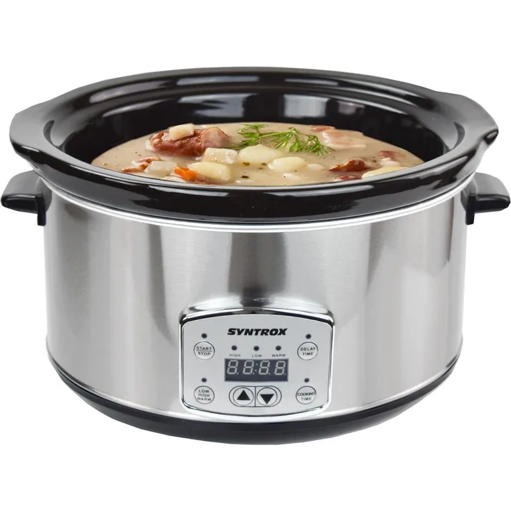 Syntrox Slow Chef SC-450D Slow Cooker, 4,5 Liter Fassungsvermögen, Edelstahl, 200 Watt
