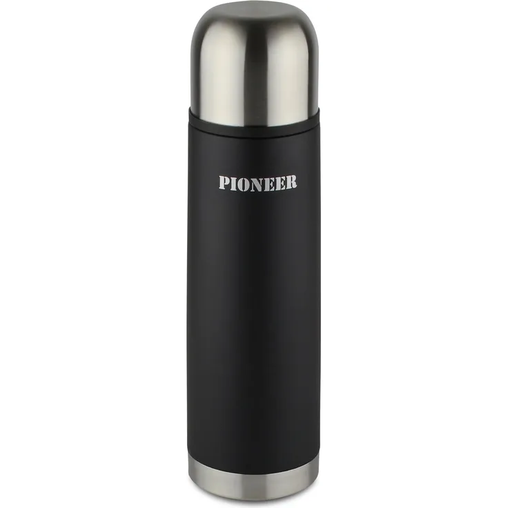 Pioneer Isolierflasche aus Hochwertigem Edelstahl mit Druckknopf & Trinkbecher 0,35 L Doppelwand-Vakuumkonstruktion 8 Stunden Heiß 24 Stunden Kühl 100% Auslaufsicher BPA Frei - Schwarz
