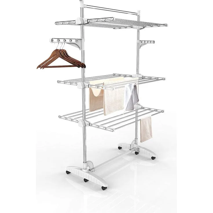 Todeco Wäsche-Trockengestell, Wäscheständer - Material: Edelstahlrohre - Maximale Belastbarkeit: 3 kg pro Stützstange - 3 Ablagen, Weiß, mit Flügeln und oberer Stange