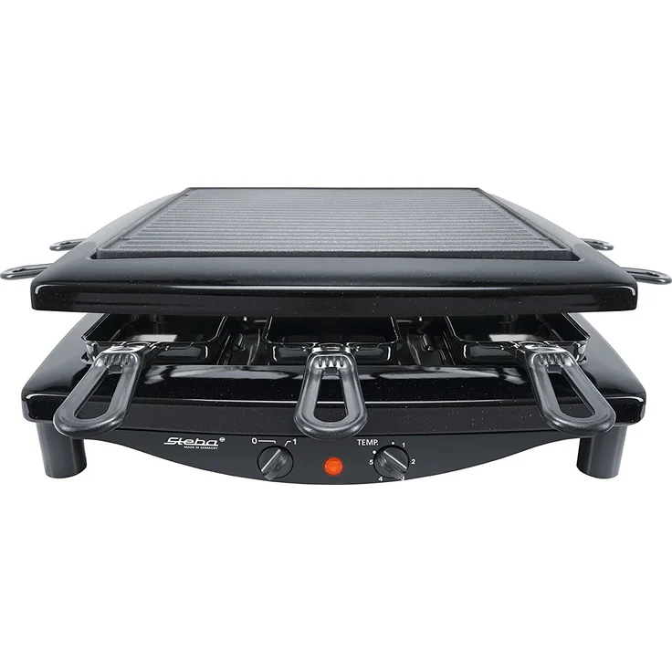 Steba RC 3 Plus Gourmet Raclette, emaillierte Stahlguss-Grillplatte geriffelt/glatt, Natursteingrillplattefür 8 Personen, 1450 Watt, schwarz – Bild 6
