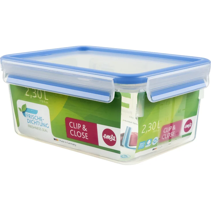 Emsa 508544 Rechteckige Frischhaltedose mit Deckel, 2.3 Liter, Transparent-Blau, Clip & Close – Bild 1