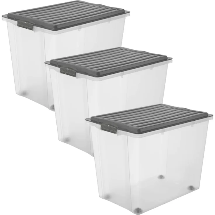 Rotho Compact 3er-Set Aufbewahrungsbox 70l mit Deckel und Rollen, Kunststoff PP, Anthrazit-Transparent, 70 Liter - A3 57 x 39,5 x 43,5 cm, 3