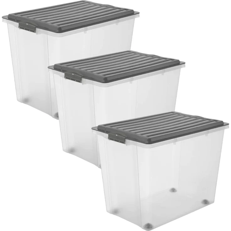 Rotho Compact 3er-Set Aufbewahrungsbox 70l mit Deckel und Rollen, Kunststoff PP, Anthrazit-Transparent, 70 Liter - A3 57 x 39,5 x 43,5 cm, 3