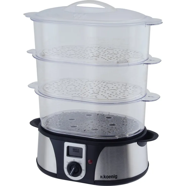 H.Koenig VAP12 Dampfgarer - 3 Garschüssel - 12 L Fassungsvermögen - Timer - 1000 W - LCD-Anzeige - Edelstahl - schwarz