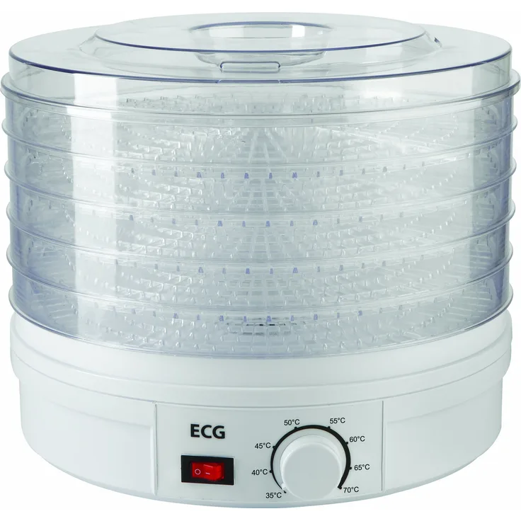 ECG SO 375 250 W zum Trocknen von Obst, Gemüse, Kräutern, Fleisch und sonstigen Lebensmitteln, samt fünf Fächer 32 cm, laufende Temperaturkontrolle 35-70 Grad Celcius, Überhitzungsschutz