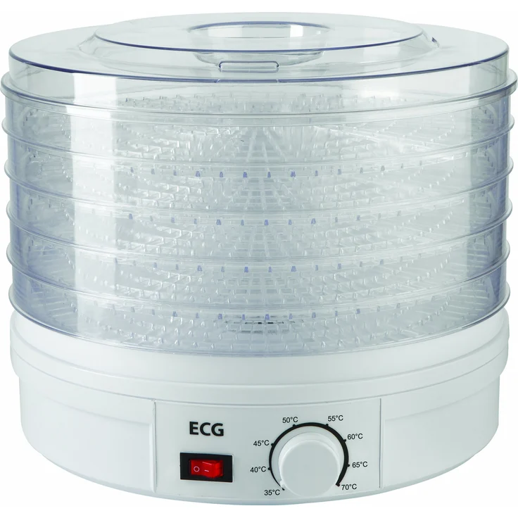 ECG SO 375 250 W zum Trocknen von Obst, Gemüse, Kräutern, Fleisch und sonstigen Lebensmitteln, samt fünf Fächer 32 cm, laufende Temperaturkontrolle 35-70 Grad Celcius, Überhitzungsschutz