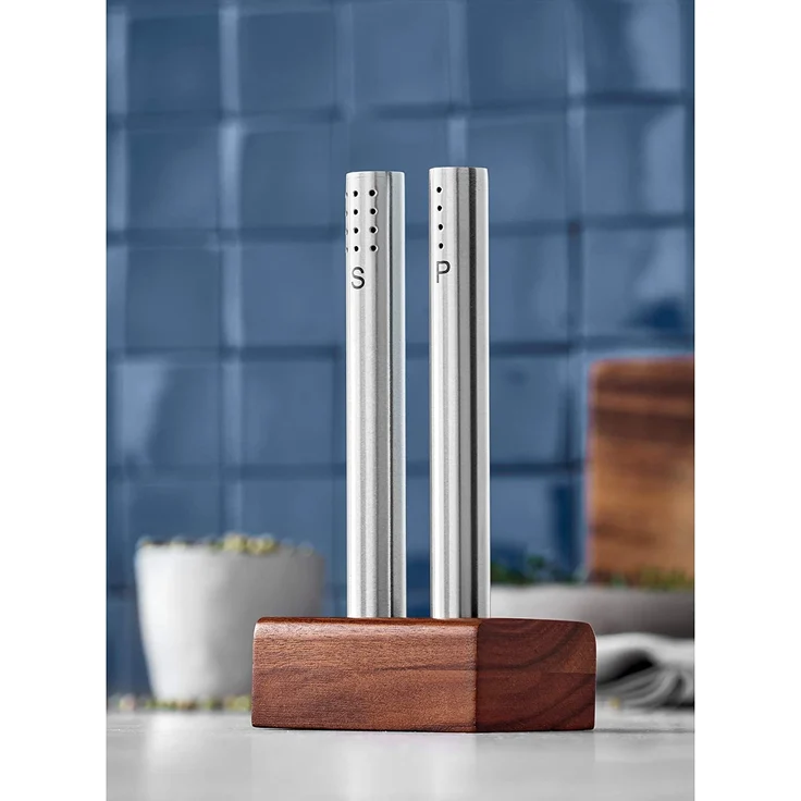 WMF Salz- und Pfefferstreuer-Set 2-teilig Salzsteuer Pfefferstreuer Akazienholz mattiert Glas Handwäsche – Bild 2