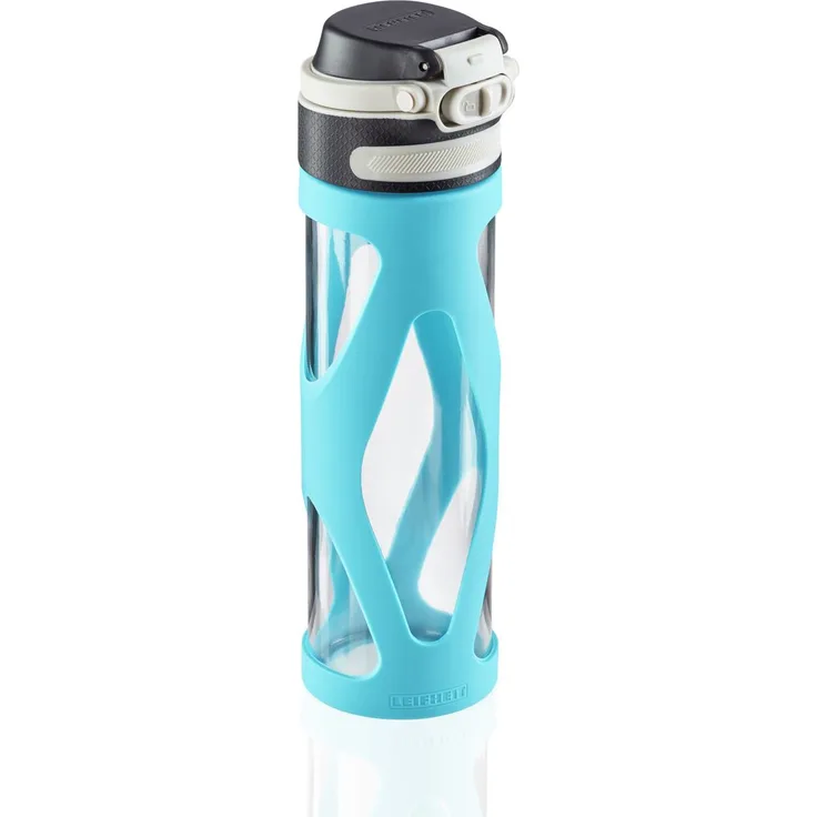Leifheit Glasflasche Flip 600ml, 100% dichte Sportflasche, praktisches Öffnen mit einer Hand, Trinkflasche mit Filter für Fruchteinsatz, nachhaltige Wasserflasche, BPA frei, stoßfest, blau