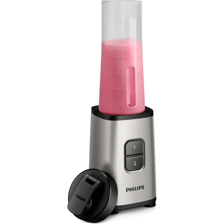 Philips To-Go Mini-Standmixer HR2600-80 ( 350 W, 28.000 Umdr. -Min., 0,7 L Fassungsvermögen, Trinkflasche, spülmaschinenfest) silber