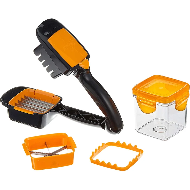 Genius Nicer Dicer Quick Zerkleinerer für Obst und Gemüse | 5 in 1 Multischneider mit austauschbaren Messereinsätzen | 30 Würfel oder 10 Scheiben mit einem klick (Orange), Edelstahl, 8 x 12 x 21 cm – Bild 1