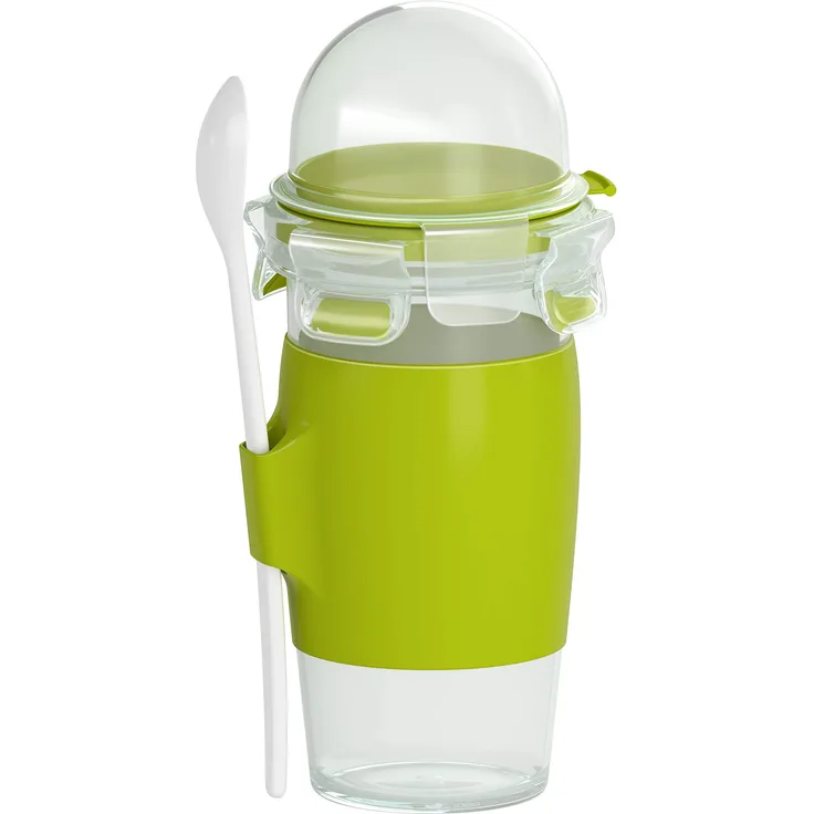 Emsa N1071400 Clip&Go Yoghurt Mug (Fassungsvermögen: 450 ml, Rund, inkl. Löffel und Topping-Fach) transparent-hellgrün