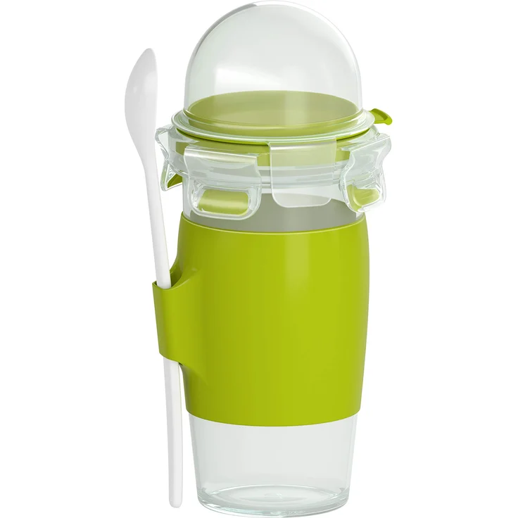 Emsa N1071400 Clip&Go Yoghurt Mug (Fassungsvermögen: 450 ml, Rund, inkl. Löffel und Topping-Fach) transparent-hellgrün – Bild 1