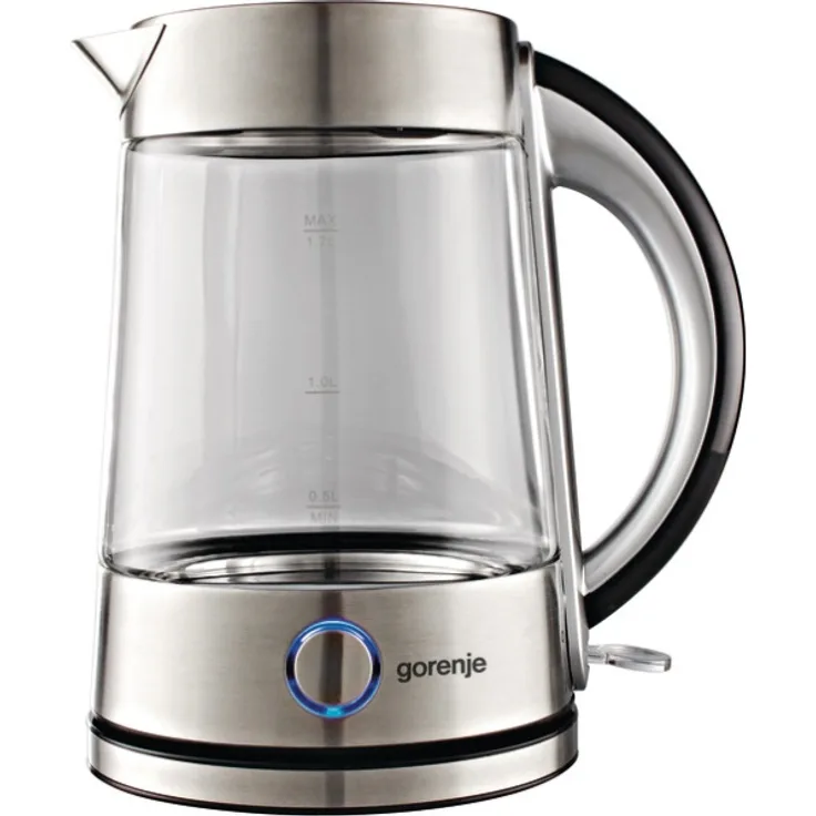 Gorenje K 17 GE Glas-Wasserkocher, 2150 Watt, 360° drehbarer Standfuß, Strix-Thermostat, edelstahl, silber