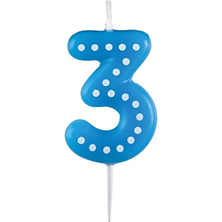 amscan 9900913 Zahlenkerze 3, mit weien Punkten, farbig Sortiert, Entweder in Gelb, Blau, Rot, Grün oder Orange