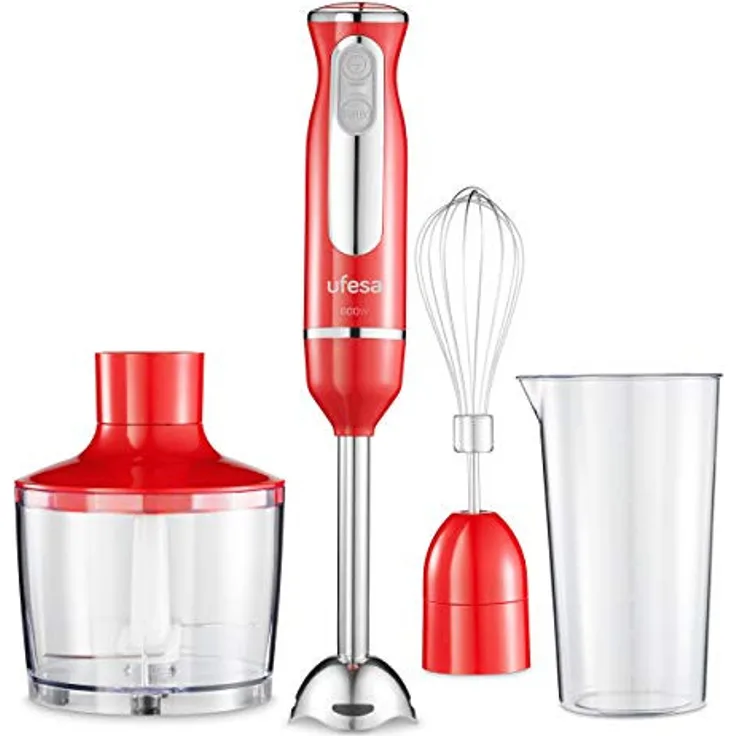 Ufesa BP3443 Stabmixer, 600W, inkl. Zerkleinerer, Mixbehälter, Schneebesenaufsatz, rot