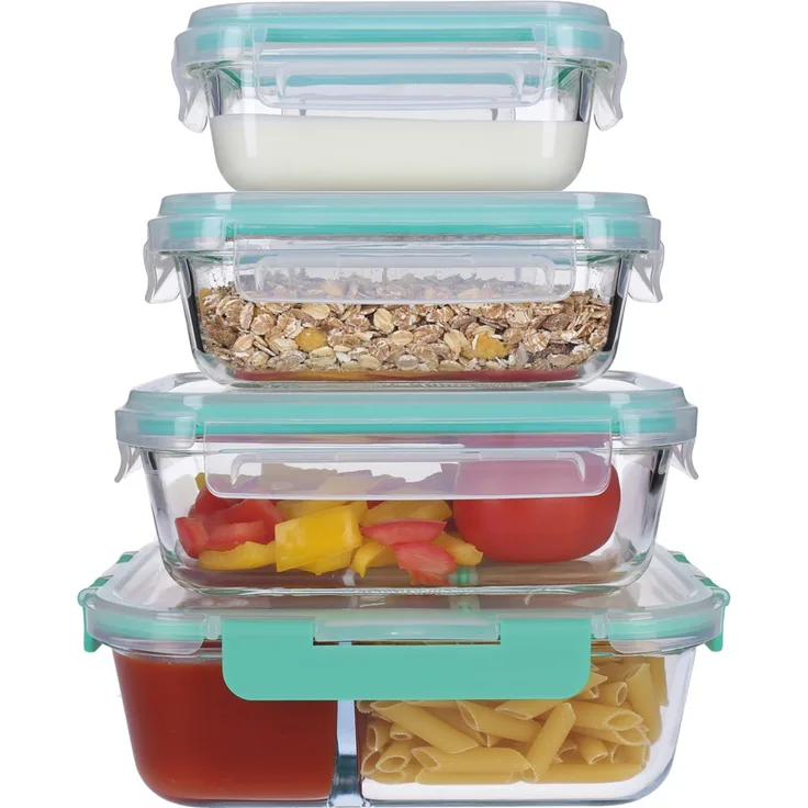 8 tlg. Glas- Frischhaltedosen Set, Klick- Deckel, Gefrier Brot Dose, Lunchbox