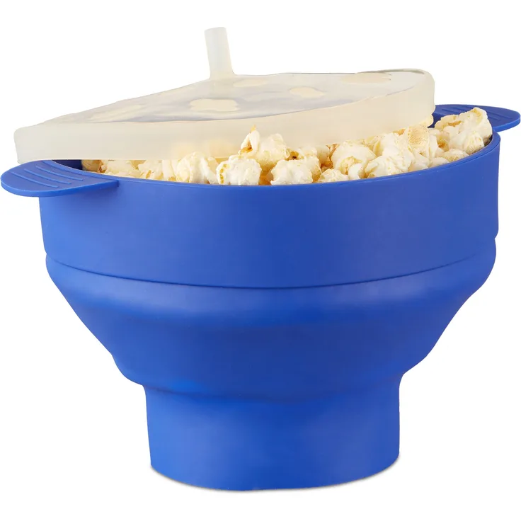 Relaxdays Popcorn Maker Silikon für Mikrowelle, zusammenfaltbarer Popcorn Popper, Zubereitung ohne Öl, BPA-frei, blau
