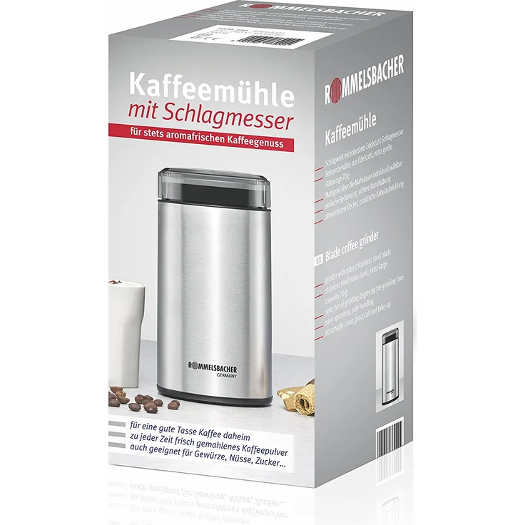 ROMMELSBACHER Kaffeemühle EKM 100 - Schlagmesser aus Edelstahl, Edelstahl Bohnenbehälter, Füllmenge 70 g, Mahlgrad über Mahldauer wählbar, auch für Gewürze, Zucker, Nüsse, 200 Watt, Edelstahl – Bild 8