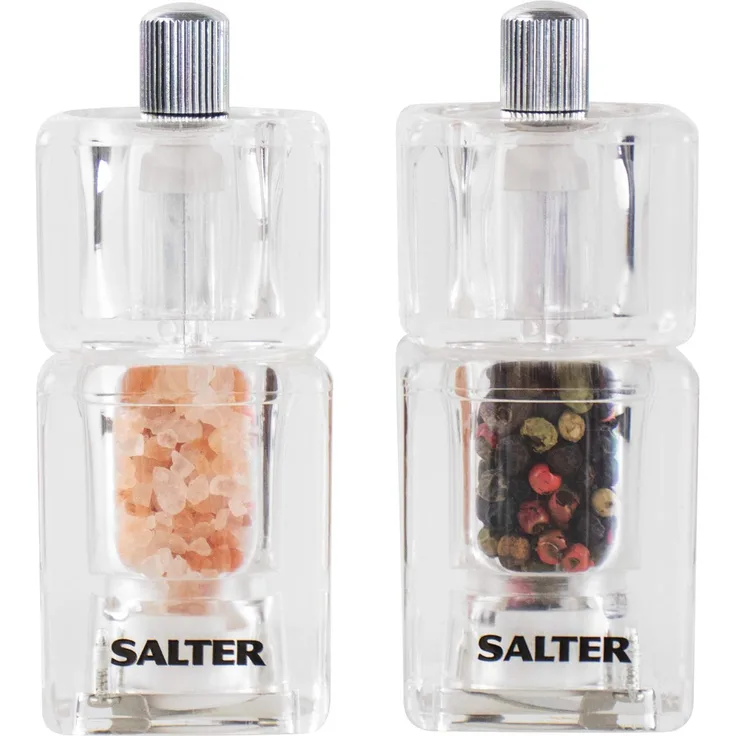 SALTER Mini Salz- und Pfeffermühlen Set, Durchsichtig, einfach zu bedienen, einstellbarer Mahlgrad, Küchenmühle, Keramikmühle für härtere, schärfere Mahlung, ideal für Himalaya-Salz und Pfeffer