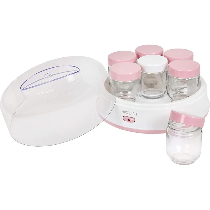 Exquisit Maker YM 3101 WEP | Joghurt selber Machen | Joghurtbereiter | 7 Portionsgläser á 200 ml | Spülmaschinen geeignet | 15 Watt | weiß-pink
