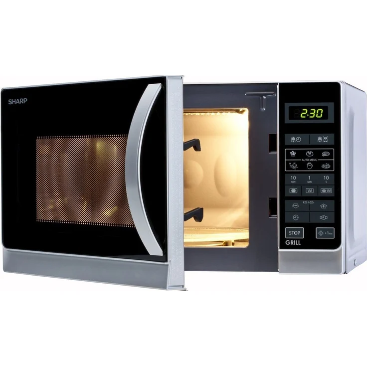 Sharp R642INW 2-in-1 Mikrowelle mit Grill, Standgerät, 20 Liter Garraum, 800 Watt, 8 Automatikprogramme, Timer, Kindersicherung, Energiesparmodus, Glasdrehteller 25,5 cm, silber – Bild 2