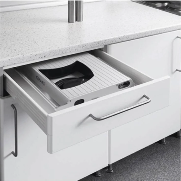 Graef Una 9 mobiler Allesschneider, 170W, elektrisch, Moment- und Dauerfunktion Aluminiumschlitten, 170 mm gezahntes Edelstahlmesser, silber – Bild 4
