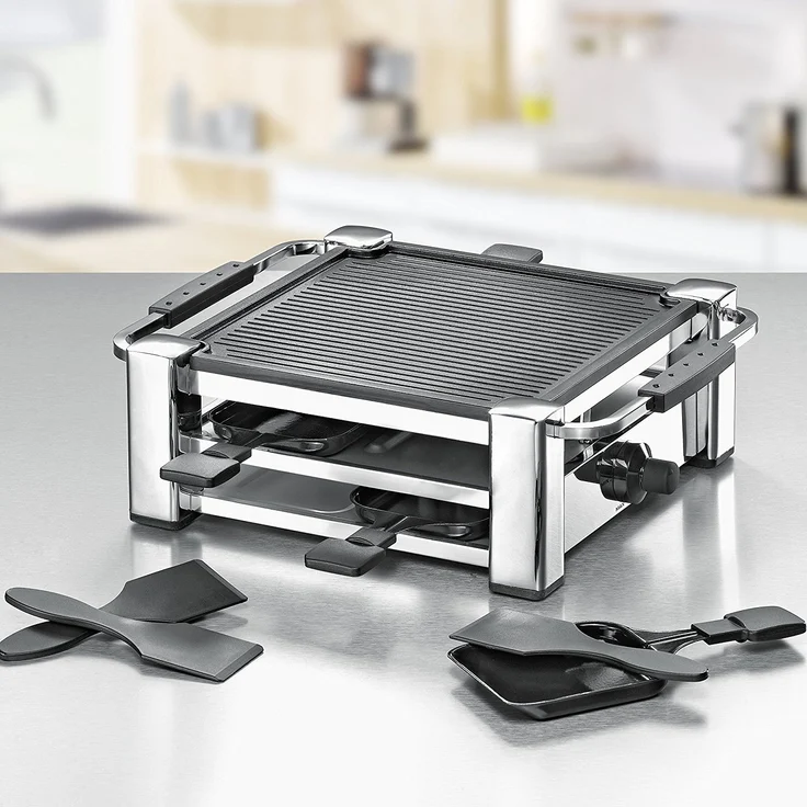 Rommelsbacher RCC 1000 Raclette-Grill Tischgrill, für 4 Personen, gerippte Alu-Druckguss-Grillplatte mit Xylan Plus Antihaftbeschichtung, Parkdeck, 4 Pfännchen, 4 Schaber, 1000 W chrom – Bild 4