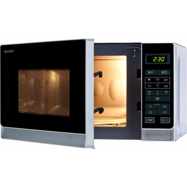 Sharp R242INW Mikrowelle, Standgerät, 20 Liter Garraum, 800 Watt, 5 Leistungsstufen, 8 Automatikprogramme, Kindersicherung, Energiesparmodus, Glasdrehteller 25,5 cm, silber – Bild 2