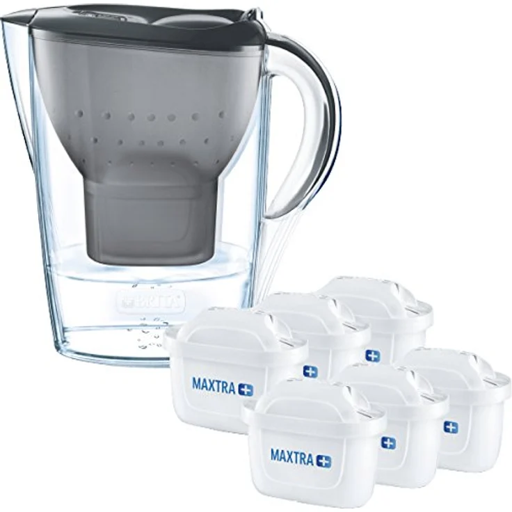 Brita Wasserfilter Marella graphitgrau inkl. 6 Maxtra+ Filterkartuschen, Filter Halbjahrespaket zur Reduzierung von Kalk, Chlor und geschmacksstörenden Stoffen im Wasser  – Bild 1