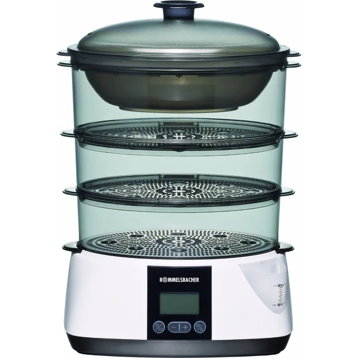 ROMMELSBACHER Dampfgarer DGS 855 - 6 Programme, Warmhaltefunktion, 99 Minuten Zeitschaltuhr, 3 Dampfeinsätze, 1,1 Liter Wassertank, elektronische Wasserstandskontrolle, 825 W, weiß-schwarz