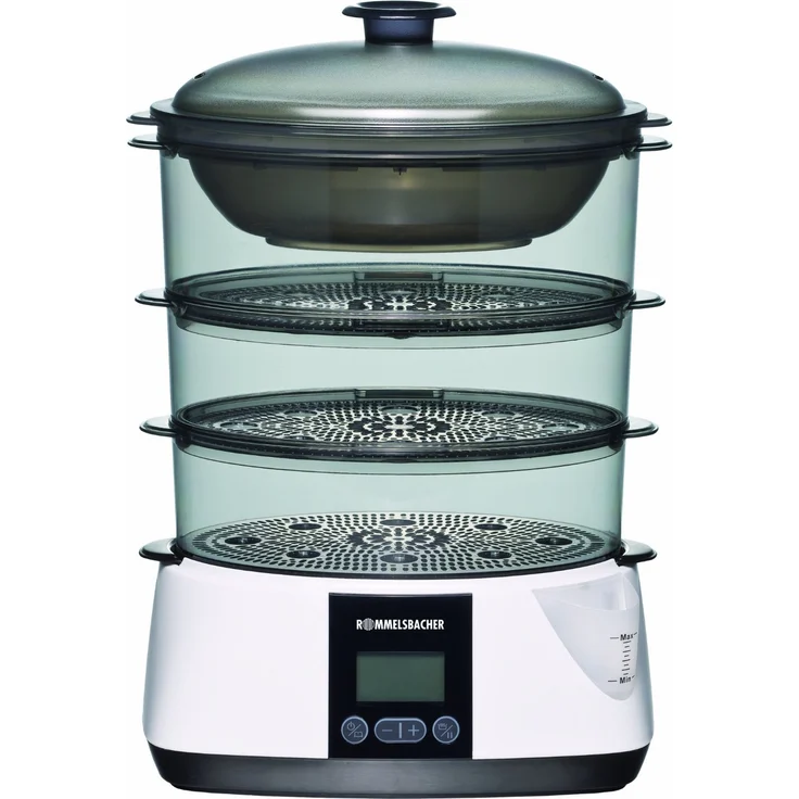 ROMMELSBACHER Dampfgarer DGS 855 - 6 Programme, Warmhaltefunktion, 99 Minuten Zeitschaltuhr, 3 Dampfeinsätze, 1,1 Liter Wassertank, elektronische Wasserstandskontrolle, 825 W, weiß-schwarz – Bild 1