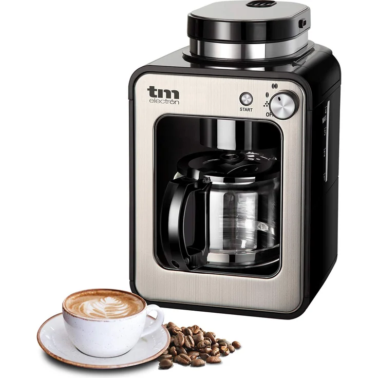 TM Electron Mini-Kaffeemaschine mit Kaffeemühle, 4 Tassen, für Kaffeebohnen, 600 W, waschbarer Filter silber – Bild 1