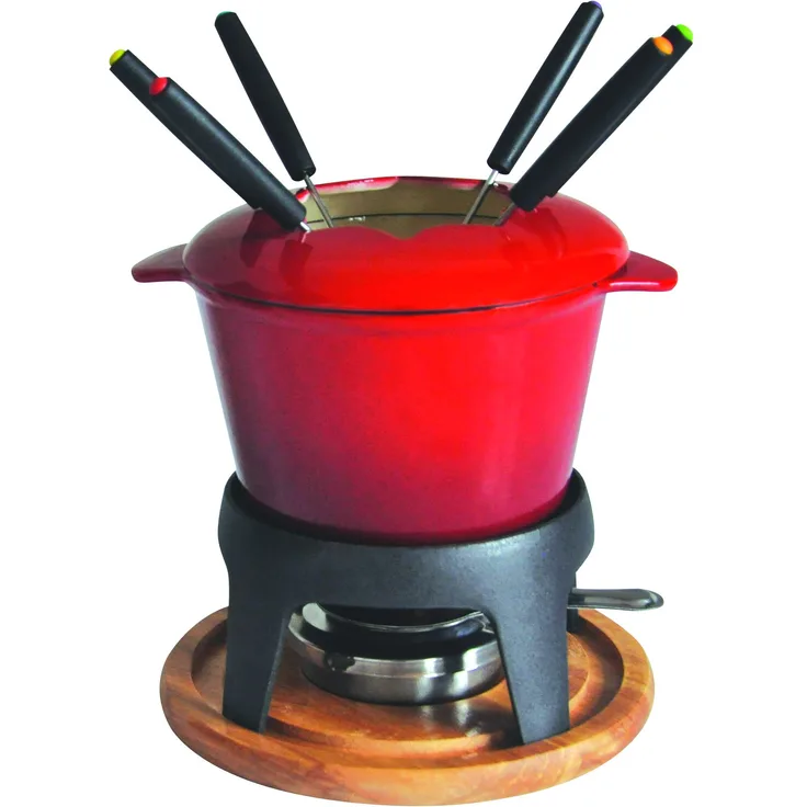 Baumalu 385050 Fondue-Set, Gusseisen, roter Farbverlauf, mit Holzplatte